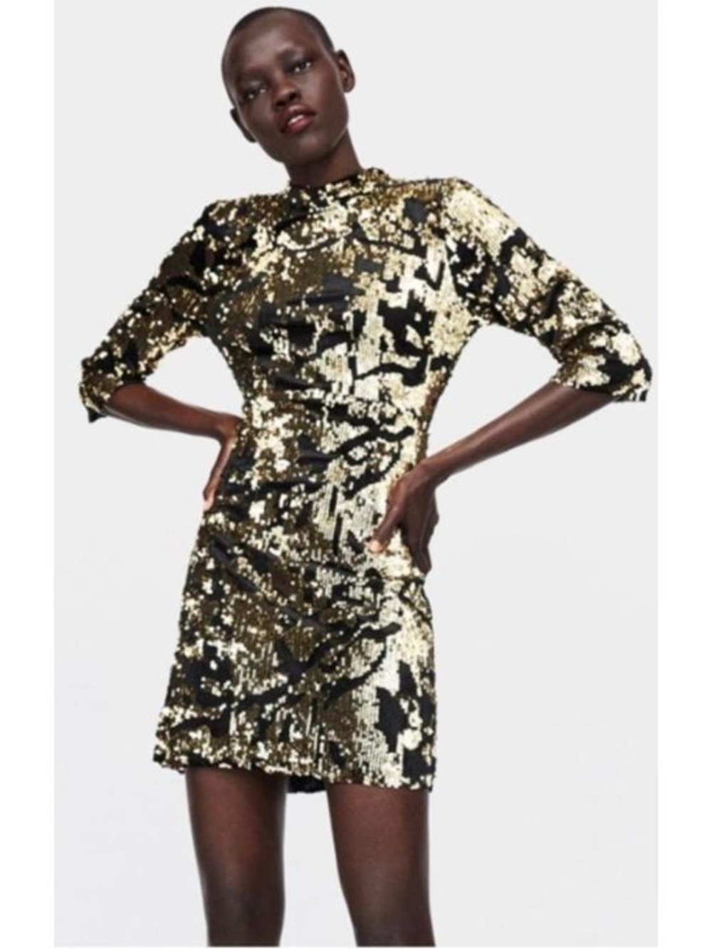 Zara Basic Black Gold Sequin Open Back Mini Dress Size M